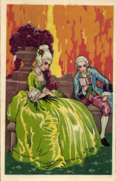 Artist Postcard Elegant couple, man reading