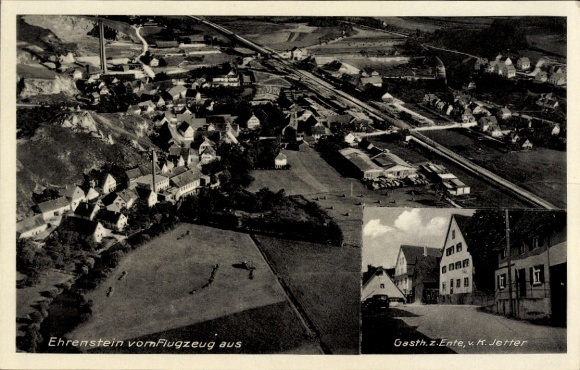 Postcard Ehrenstein am Mehrbach Asbach in the Westerwald, aerial photograph of Gasthaus zur Ente, by K. Jetter