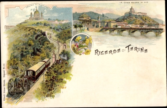 Litho Torino Turin Piemonte, Italienische Eisenbahn, Gran Madre di Dio, Superga