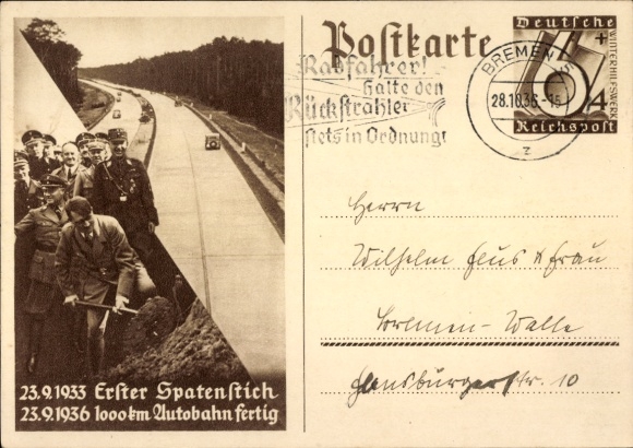 Ganzsachen Ak Adolf Hitler, Bau der Reichs-Autobahn, Erster Spatenstich 23.9.1933
