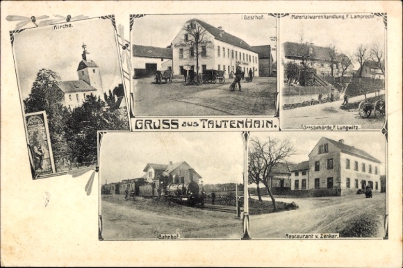 Postcard Tautenhain Frohburg in Saxony, church, inn, hardware store, train station, restaurant