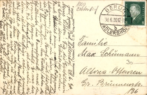 Postcard Berlin Treptow Adlershof, front view of the post office, Radicke-Straße, trees, architecture