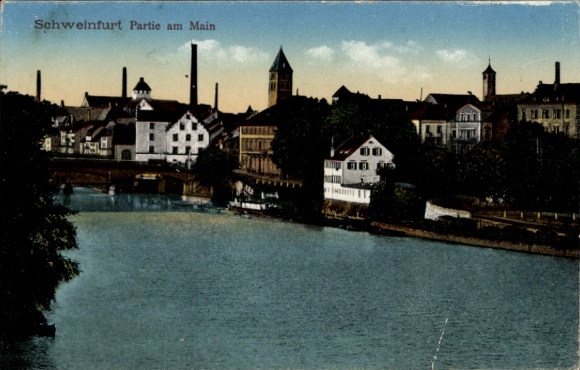 Postcard Schweinfurt in Lower Franconia Bavaria, Schlachtschüssel, city view with river, buildings, trees,