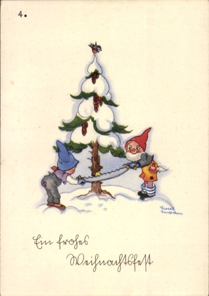Artist Postcard Lauterborn, L., Congratulations Christmas, dwarves sawing a tree