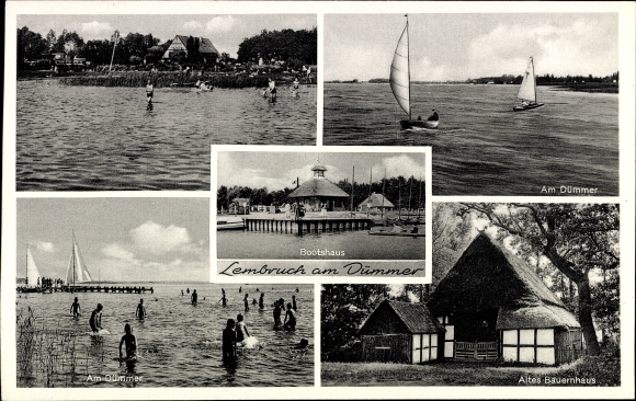 Ak Lembruch in Nedersaksen, oude boerderij, strand, Am Dümmer, zeilboten, botenhuis