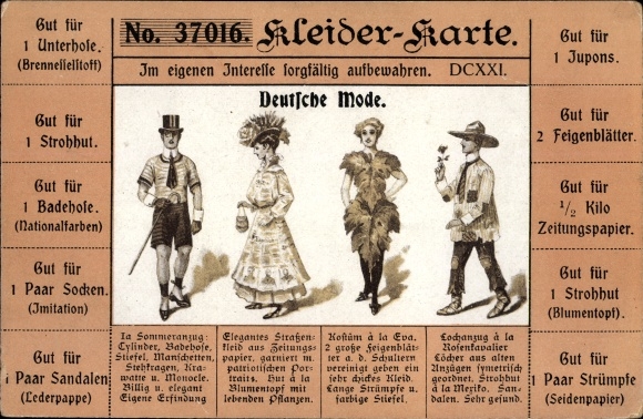 PC German fashion, clothing card, fig leaf coupon, newspaper, swimming trunks national colors