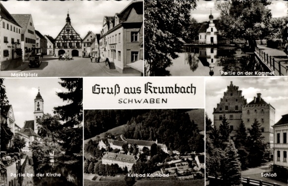 Postcard Krumbach in Swabia, Krumbad, market square, greetings from Partie an der Komme, Partie at the church