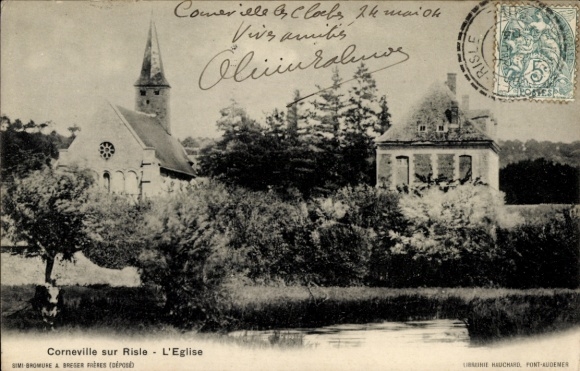Postcard Corneville sur Risle Eure, L'Eglise, landscape with lake, building in the background