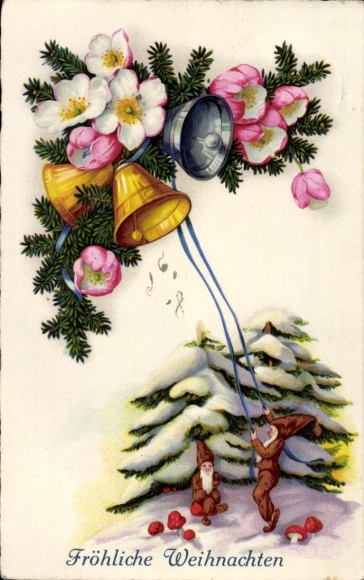 Postcard Congratulations Christmas, bells, flowers, fir branches, dwarves, mushrooms