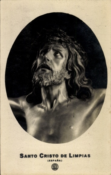 Postcard Limpias Cantabria, depiction of Santo Cristo de Limpias, religious figure, black and white, Sp