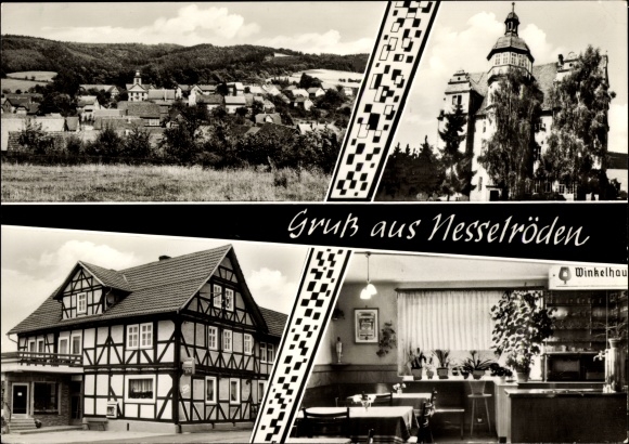 Ak Nesselröden Herleshausen in Hessen, slagerij Ernst Schalles, vakwerkhuis, panorama