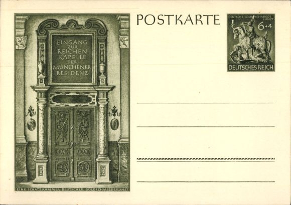 Postwaardekaart München, ingang van de rijke kapel van de residentie, Duitse goudsmidkunst