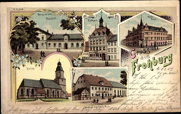 Chromo-Litho Frohburg in Saxony, Hotel Post, town hall, train station, church, inn to the green Aue