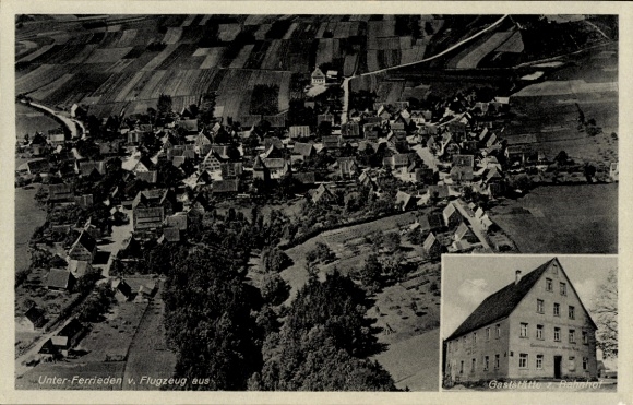 Ak Unterferrieden Burgthann in de regio Neurenberg, luchtfoto, restaurant bij het treinstation