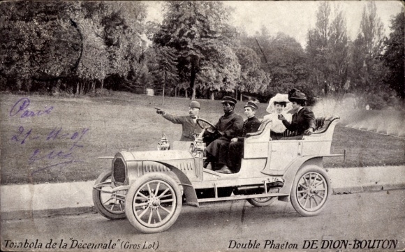 Ak Tombola de la Decennale, Double Phaeton von Dion Bouton, Automobil, Chauffeur