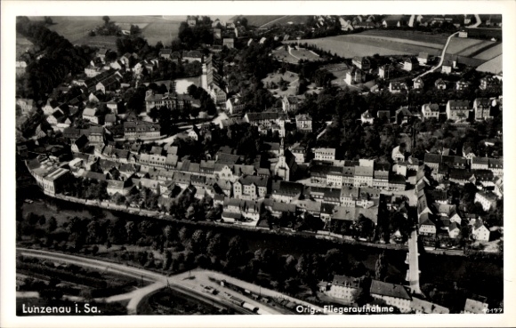Postcard Lunzenau in Saxony, aerial photograph