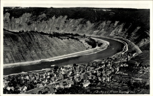 Postcard Bruttig Fankel on the Moselle, aerial photograph, Moselle, hilly landscape, view of houses