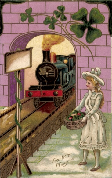 Embossed PC congratulations Pentecost, girl, railway, lucky clover