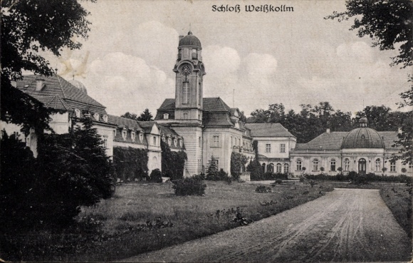 Postcard Weißkollm Lohsa Oberlausitz, castle architecture, park, clouds in the sky