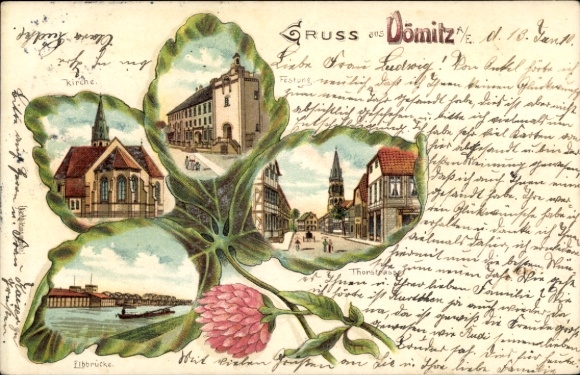 Cloverleaf Chromo-Litho Dömitz on the Elbe Mecklenburg, Thorstraße, Elbe Bridge, Church, Fortress