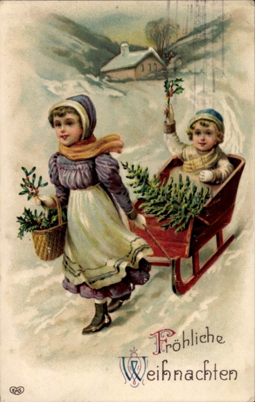 Embossed Postcard Congratulations Christmas, children, Christmas tree, sleigh