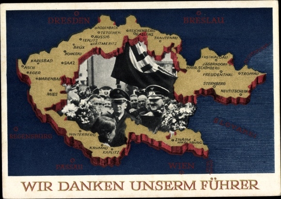 Postal stationery Postcard We thank our leader, Sudetenland, Bohemia, Moravia, Hitler
