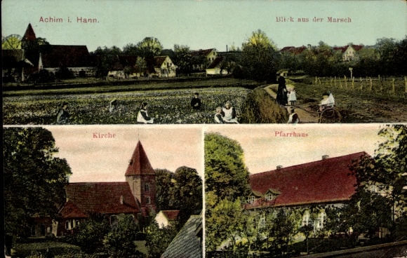 Ak Achim an der Weser, Teilansicht, Kirche, Pfarrhaus