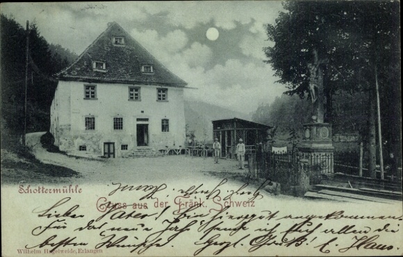 Mondschein Ak Schottersmühle Wiesenttal Fränkische Schweiz, Schottermühle, Kriegerdenkmal