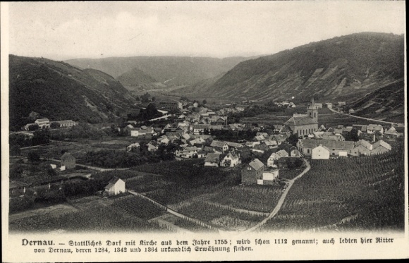 Postcard Dernau an der Ahr, village view church from 1755, vineyards, mention