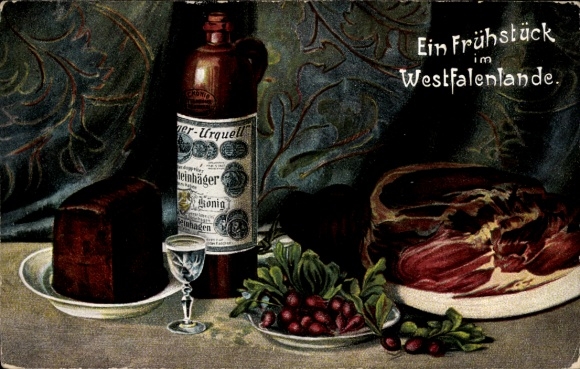 Postcard Breakfast in Westphalia, ham, schnapps, radishes