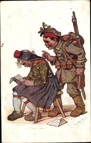 Artist PC Beithan, Emil, Hessian traditional costumes, girl reading letter, boy in soldier's uniform