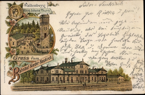 Chromo-Litho Niederneukirch Neukirch in der Lusatia, train station, Valtenberg, King Johann tower