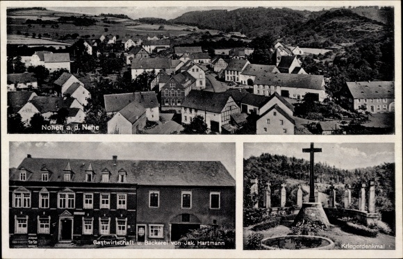 Postcard Nohen near Rhineland Palatinate, bird&#39;s eye view of the place, inn Jak. Hartmann, War Memorial
