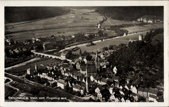 Postcard Gemünden am Main Lower Franconia, aerial photograph