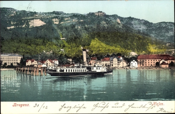 Postcard Bregenz on Lake Constance Vorarlberg, harbor view, water tower, harbor boats, Bregenz in winter