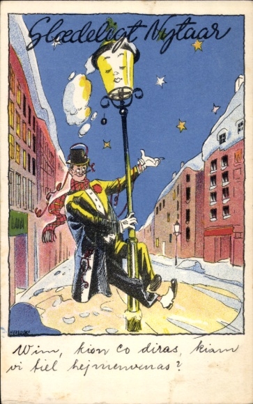 Postcard Happy New Year, man, lantern