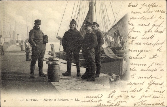 Picture Le Havre Seine Maritime, marines and fishermen, four men, boat in the background, maritime...