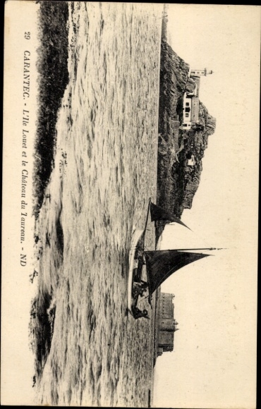 Ak Carantec Finistère, Segelboot, Wasser, Insel Louet, Château du laureau, Schwarz-Weiß