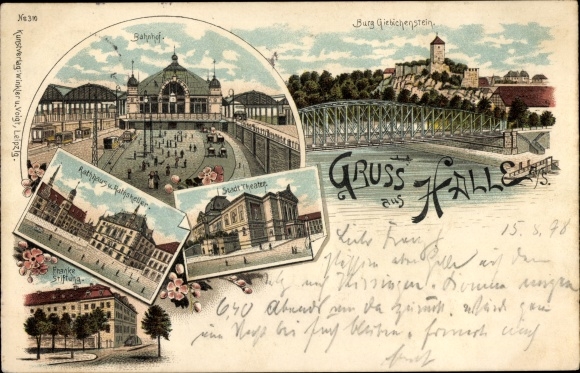 Chromo-Litho Halle an der Saale, train station, Giebichenstein Castle, theatre, town hall, Franke Foundation