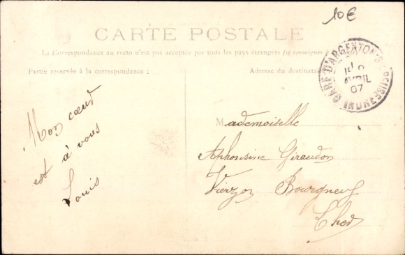 Postcard La Châtre Indre, Avenue de la Gare, trees along the street, reddish building, person on the