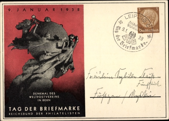 Ganzsachen Ak Tag der Briefmarke, Januar 1938, Denkmal des Weltpostvereins