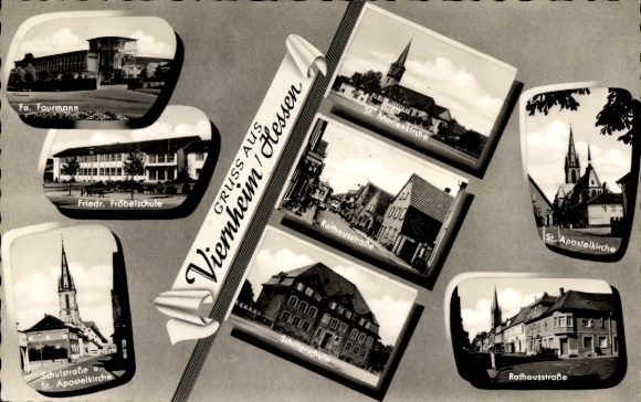 Ak Viernheim in Hessen, St. Apostelkirche, Rathausstraße, Schulstraße, Fröbelschule, Firma Faurmann