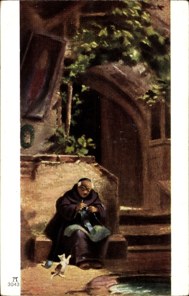 Artist PC Spitzweg, C., knitting monk, cat