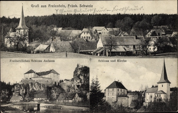 Postcard Freienfels Hollfeld in Franconian Switzerland, general view, Aufsees Castle, church