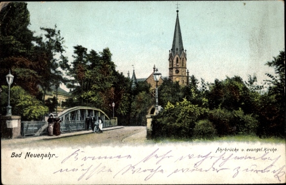 Postcard Bad Neuenahr, view of the Ahr Bridge, Evangelical Church