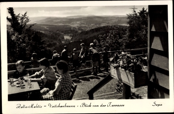 Postcard Zella Mehlis in the Thuringian Forest, Veilchenbrunn, terrace view, guests