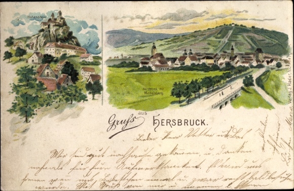 Litho Hersbruck in Mittelfranken, Hohenstein, Panorama mit Michelsberg