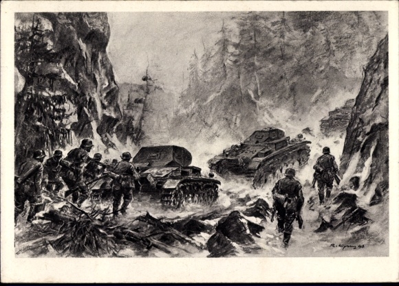 Künstler Ak Deutsche Panzer nehmen einen Gebirgspass, Wehrmacht, II WK