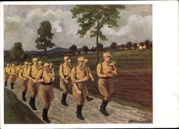 Artist Postcard Frauendorfer, Eduard, We march for the homeland, Acquire the SA sports badge