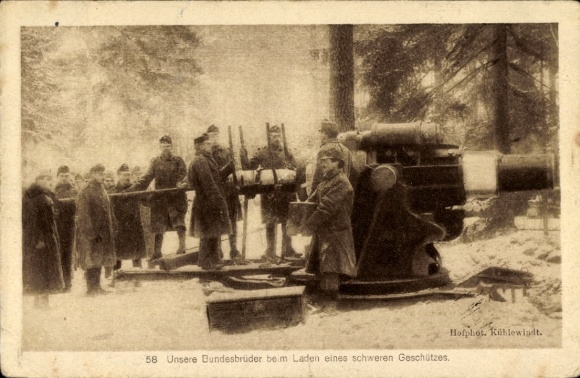 Postcard Our fraternity brothers loading a heavy gun